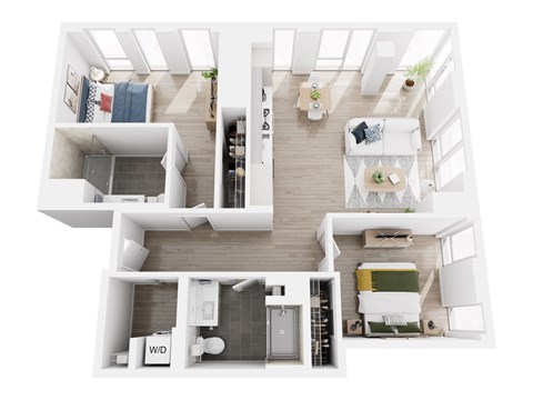 A top-down view of a two-bedroom apartment with a living room, kitchen, and bathroom.